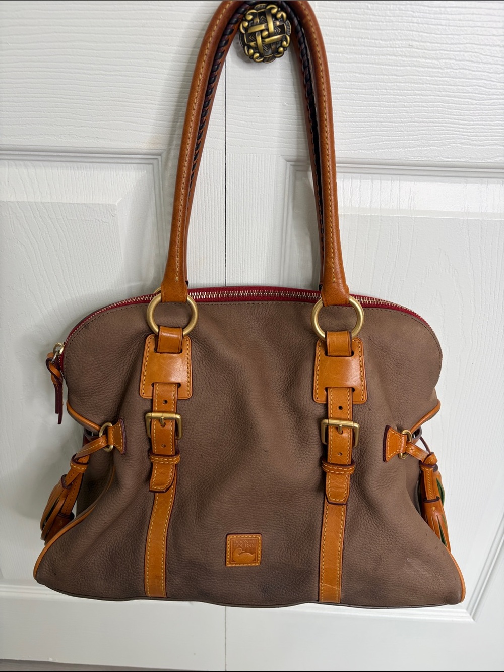 Dooney and Bourne Brown Leather Satchel with Tan Trim - Women's Handbag - Picture 2 of 14